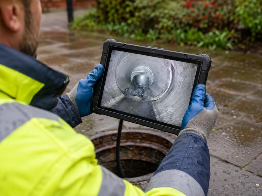 Drainage engineer reviewing live CCTV drain survey footage on a tablet
