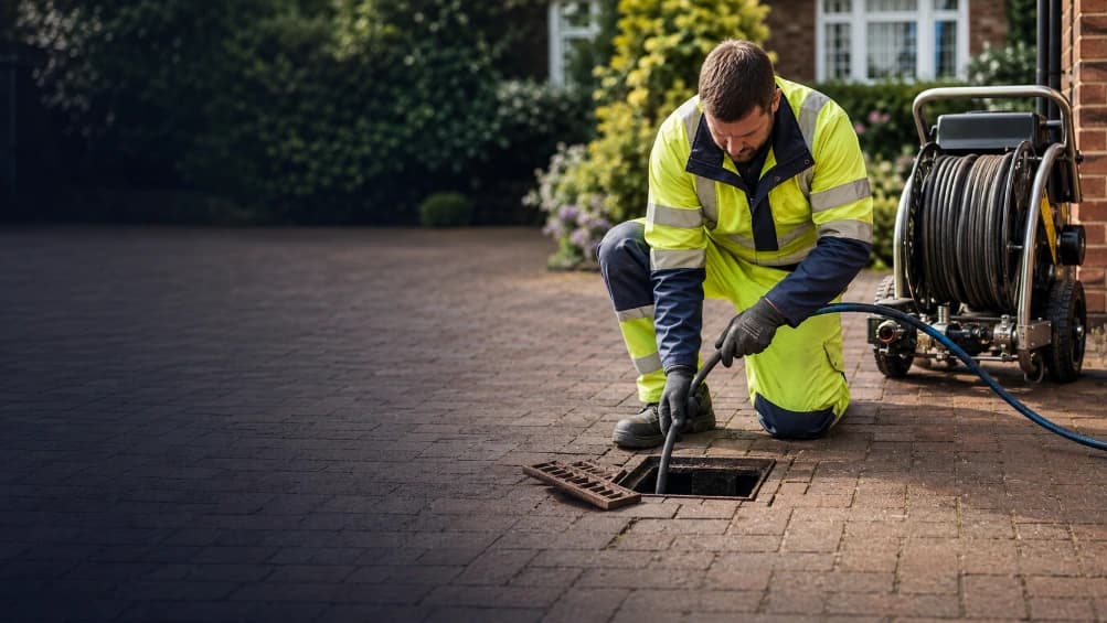 Drainage technician clearing an exterior drain on a UK driveway