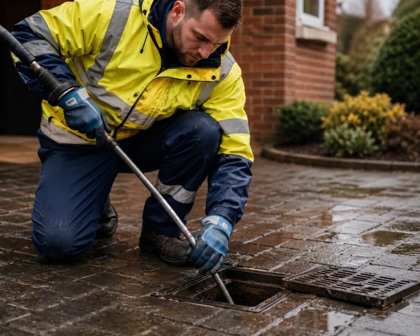 Technician clearing a blocked exterior drain with drain rods