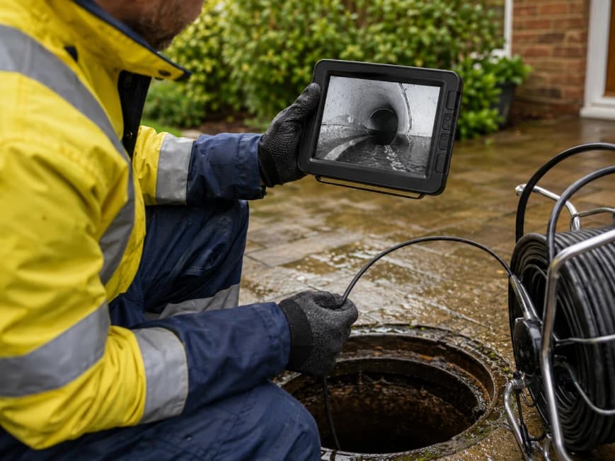 CCTV drain survey camera and monitor at an open manhole