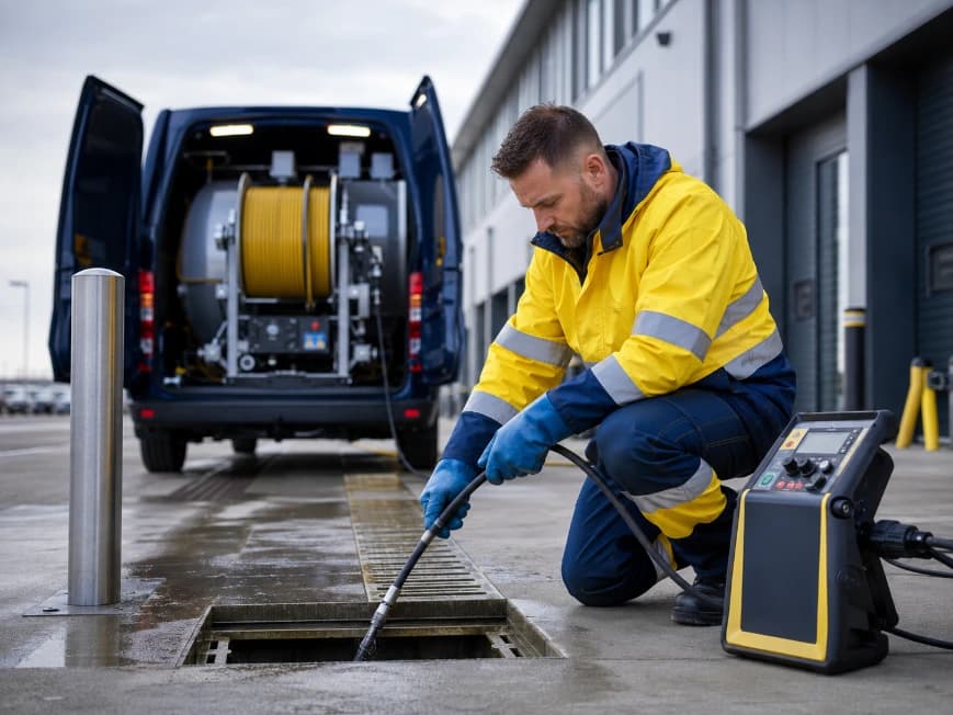 Technician performing commercial drain jetting outside a business premises