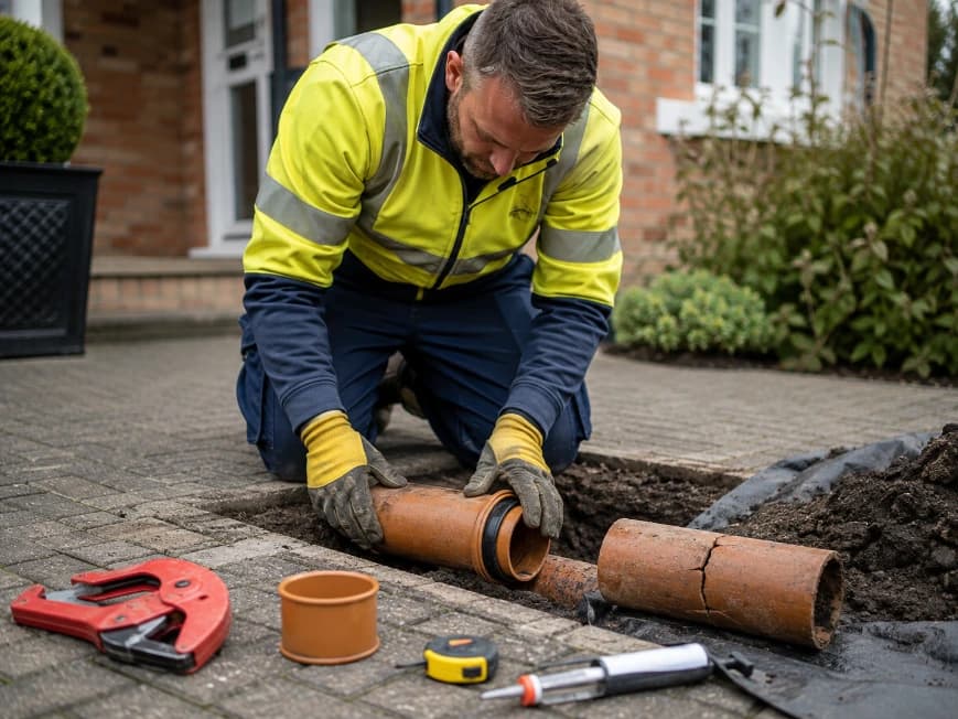 Technician repairing a cracked drain pipe at a UK home