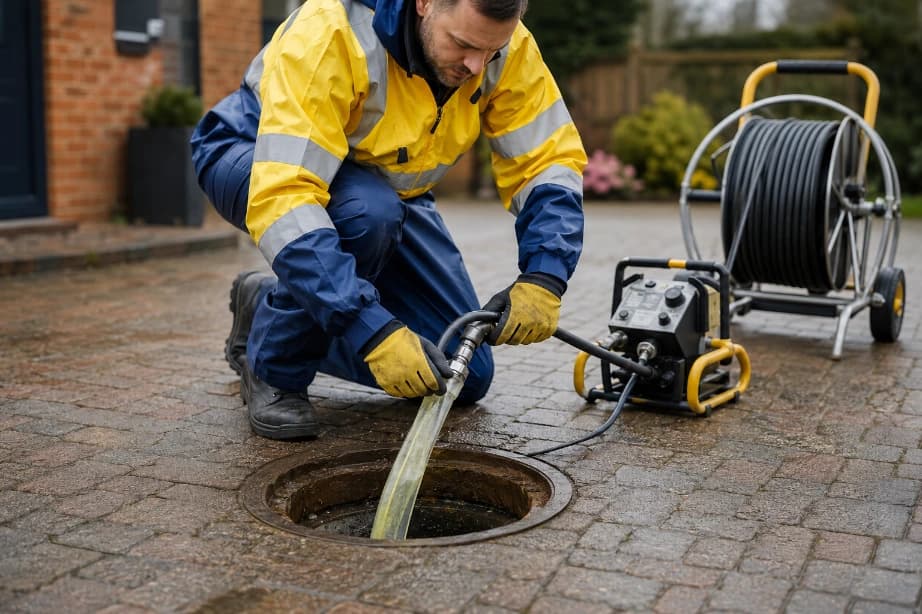 Trenchless drain repair equipment at an open manhole