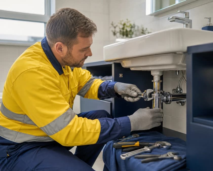 Plumber repairing pipework under a bathroom sink