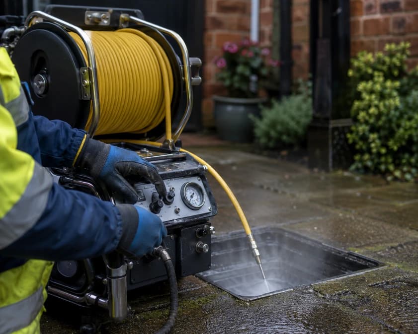 High-pressure water jetting machine clearing a drain